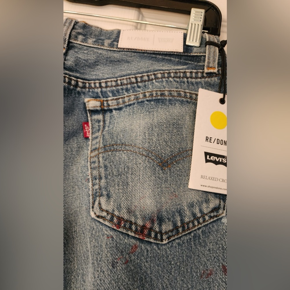 REDONE Blue Relaxed Crop Red Paint Splatter Women’s Cotton Denim Jeans Size 24 - Picture 11 of 15